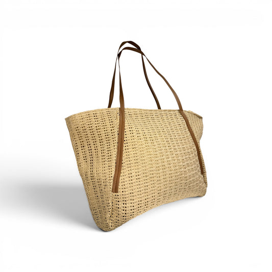 Bolso Tote Playa Rafia Natural con Asas de Cuero
