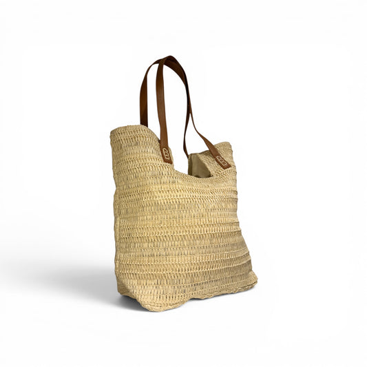 Bolso Tote XL Rafia Natural Trenzada con Asas de Cuero