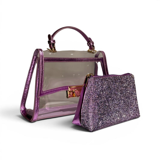 Bolso Transparente 2 en 1 con Neceser de Cristales Lila