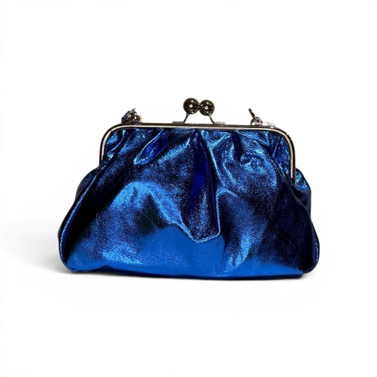 Bolso Clutch Metalizado Azul con Cierre de Bolas