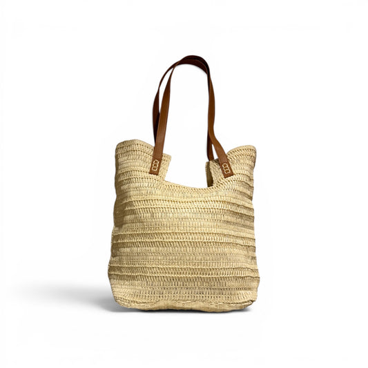 Bolso Tote XL Rafia Natural Trenzada con Asas de Cuero